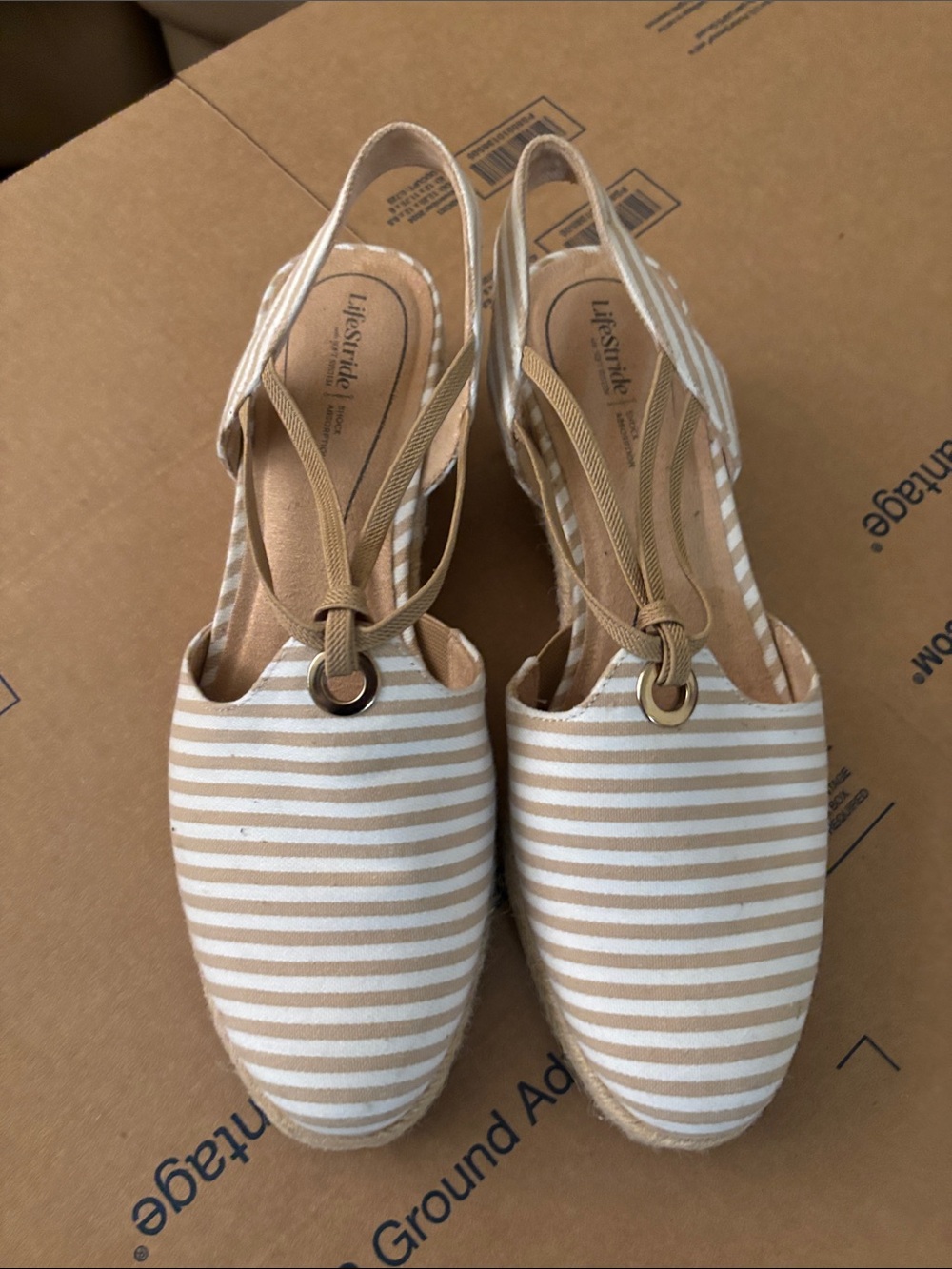 Life Stride Tan and White Striped Slingback Espadrilles